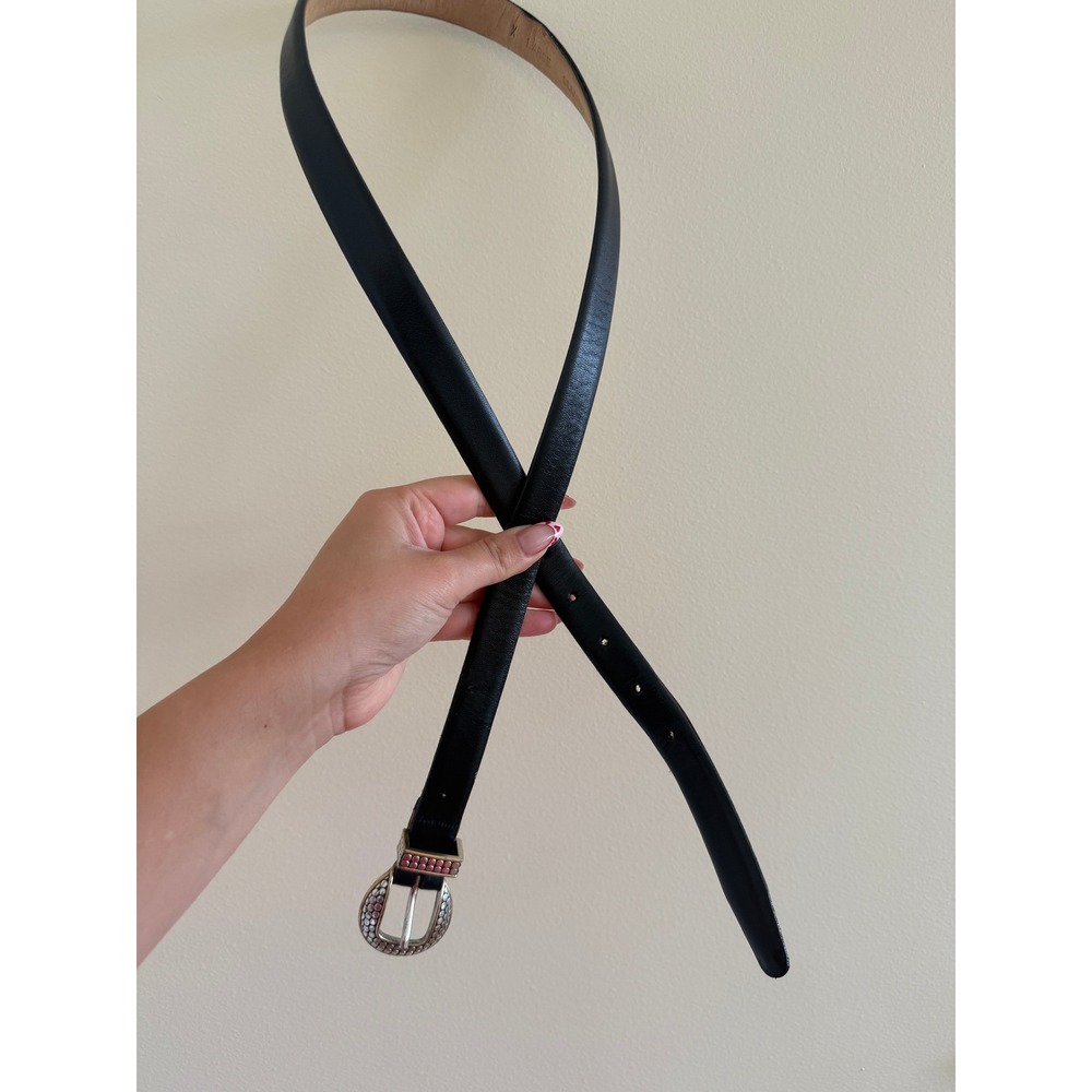 Talbots Womens Black Genuine Leather Belt Silver Textured Buckle Made in USA XL